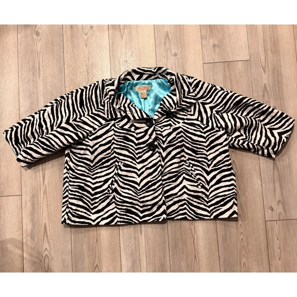 Paris Blues Vintage Zebra Print Blazer Blue Lined Cropped Women 2X Black White